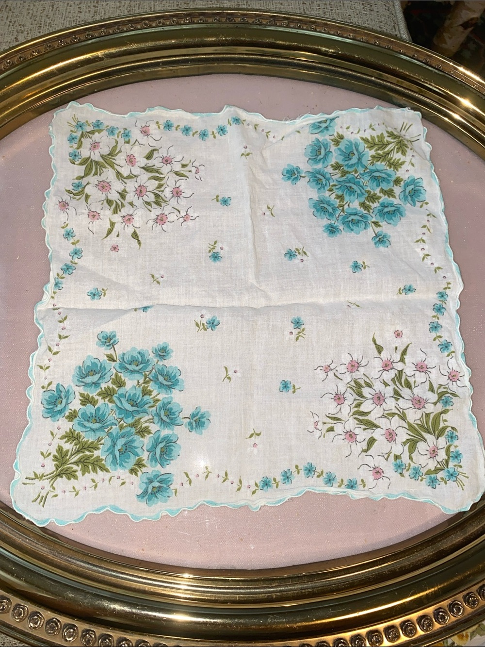 Vintage Floral Cotton Handkerchief - Blue and White